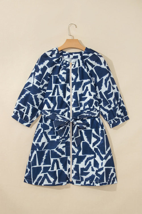 Abstract Geometric Zip Front Tie Waist Shift Dress - Rooted & Reckless Co.