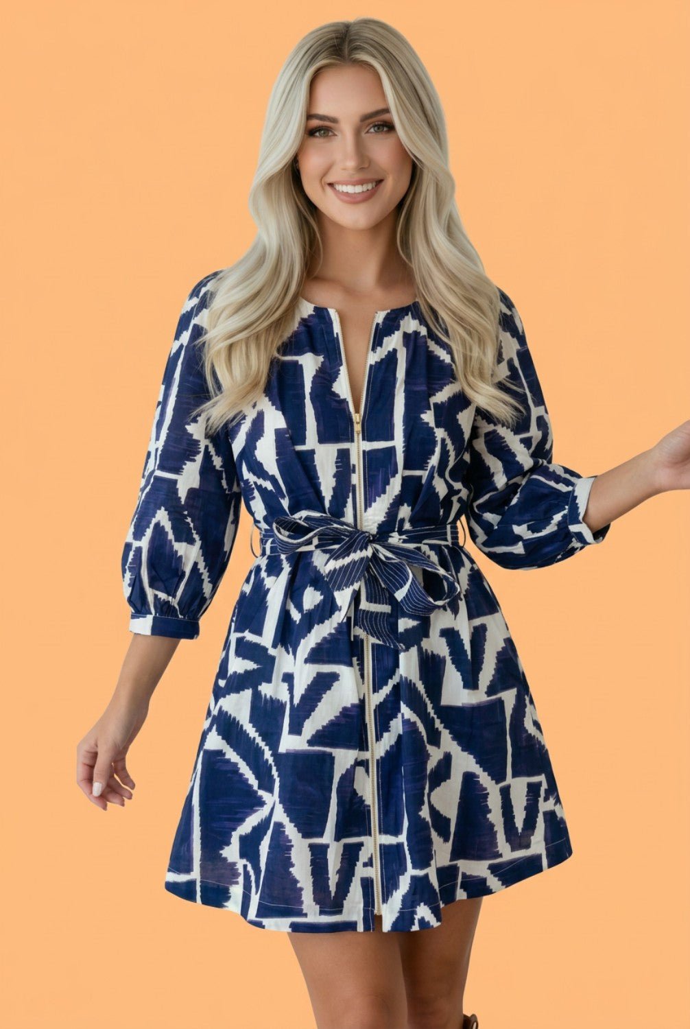 Abstract Geometric Zip Front Tie Waist Shift Dress - Rooted & Reckless Co.