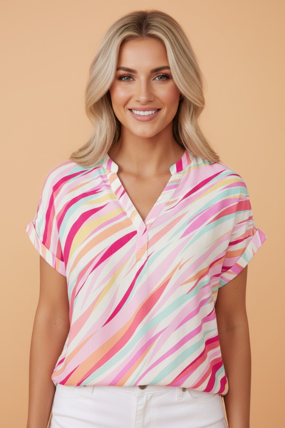 Abstract High Low Short Sleeve Blouse - Rooted & Reckless Co.