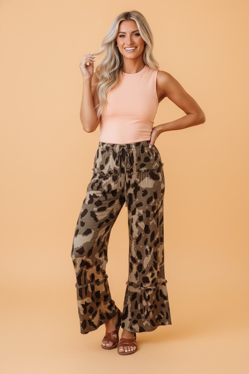Abstract Leopard Ruffle Tiered Wide Leg Pants - Rooted & Reckless Co.