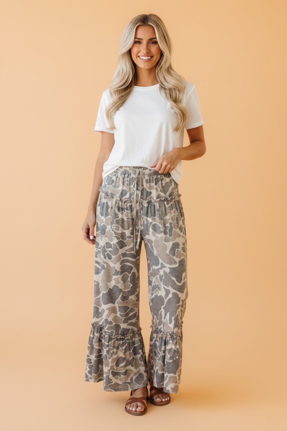 Abstract Leopard Ruffle Tiered Wide Leg Pants - Rooted & Reckless Co.