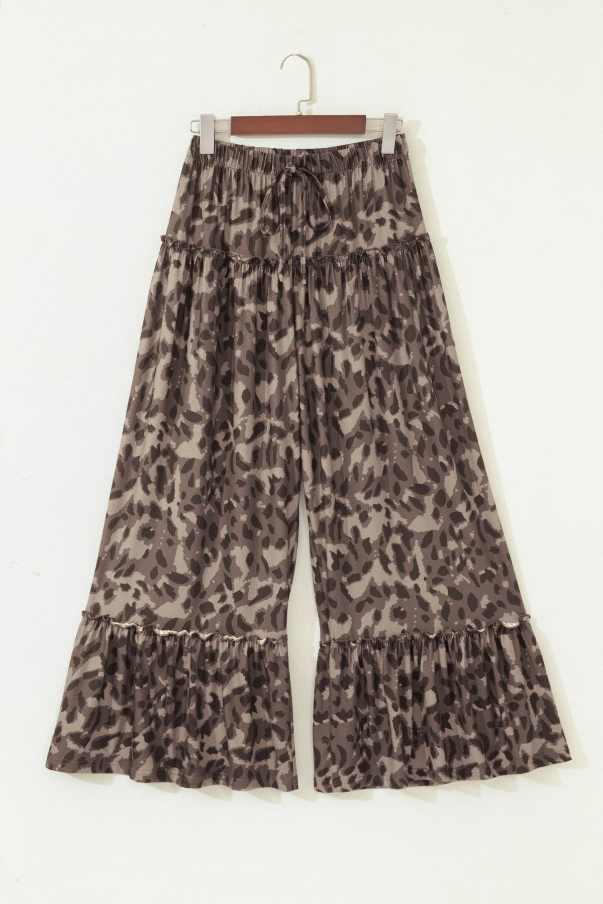 Abstract Leopard Ruffle Tiered Wide Leg Pants - Rooted & Reckless Co.
