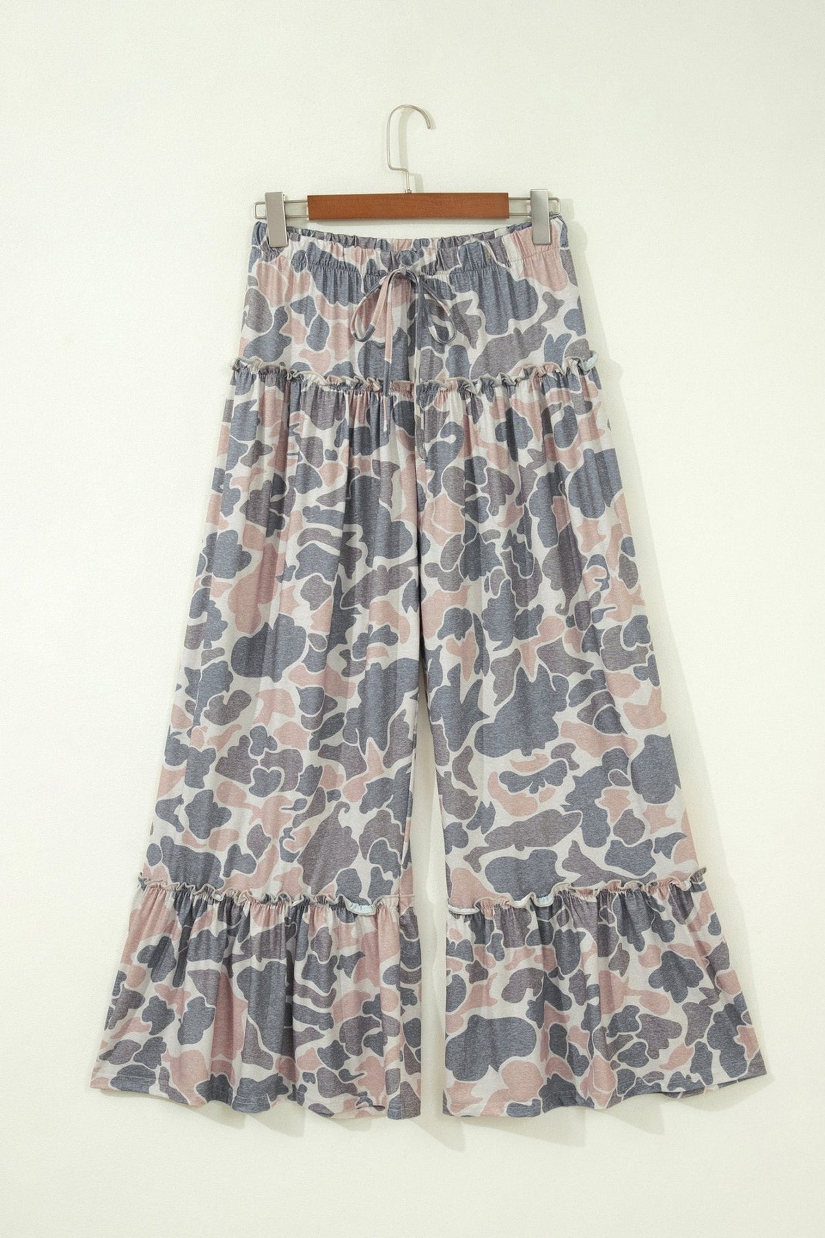 Abstract Leopard Ruffle Tiered Wide Leg Pants - Rooted & Reckless Co.