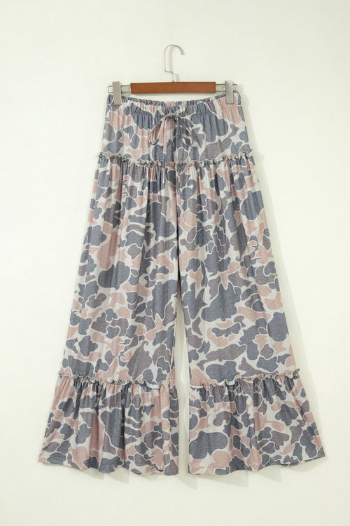 Abstract Leopard Ruffle Tiered Wide Leg Pants - Rooted & Reckless Co.