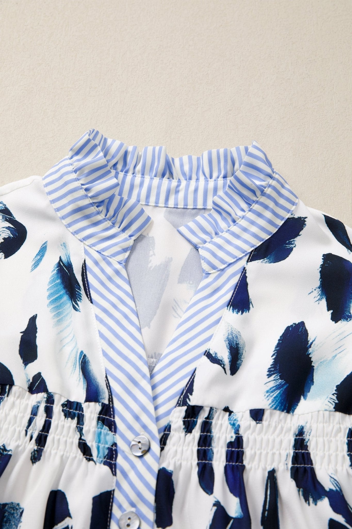 Abstract Leopard Stripe Ruffle Trim V-Neck Blouse - Rooted & Reckless Co.