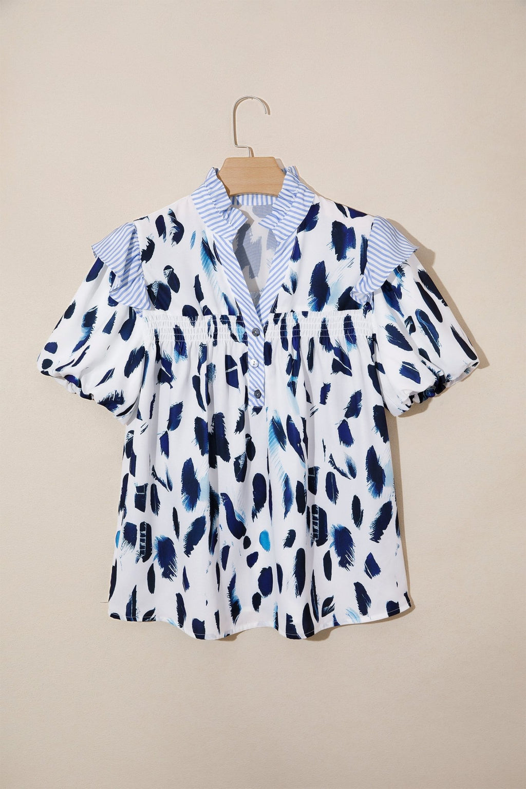 Abstract Leopard Stripe Ruffle Trim V-Neck Blouse - Rooted & Reckless Co.