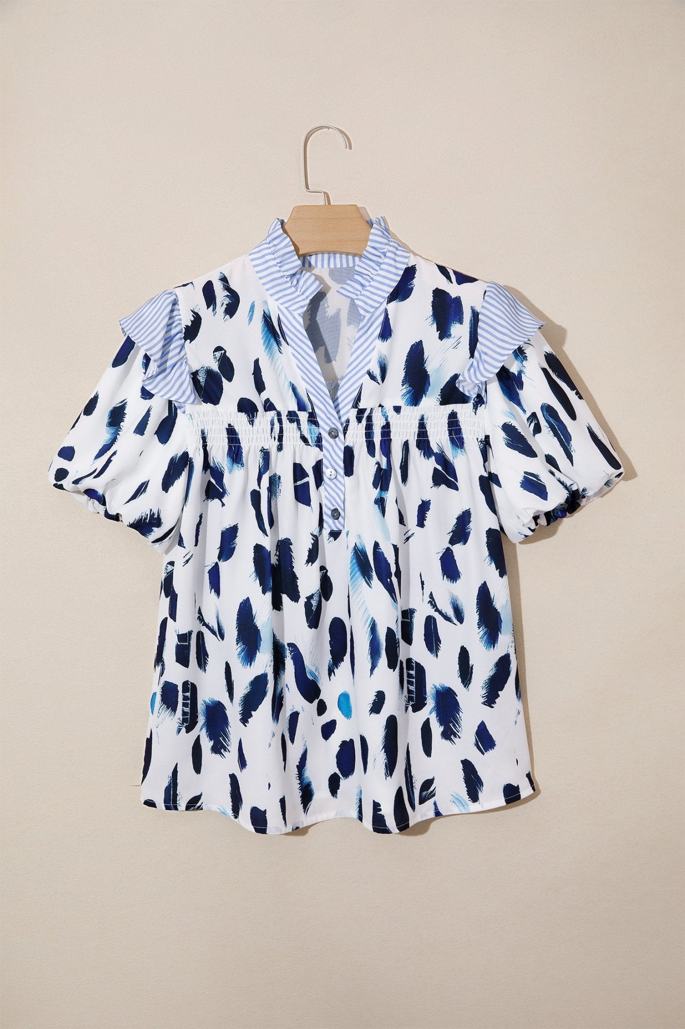 Abstract Leopard Stripe Ruffle Trim V-Neck Blouse - Rooted & Reckless Co.