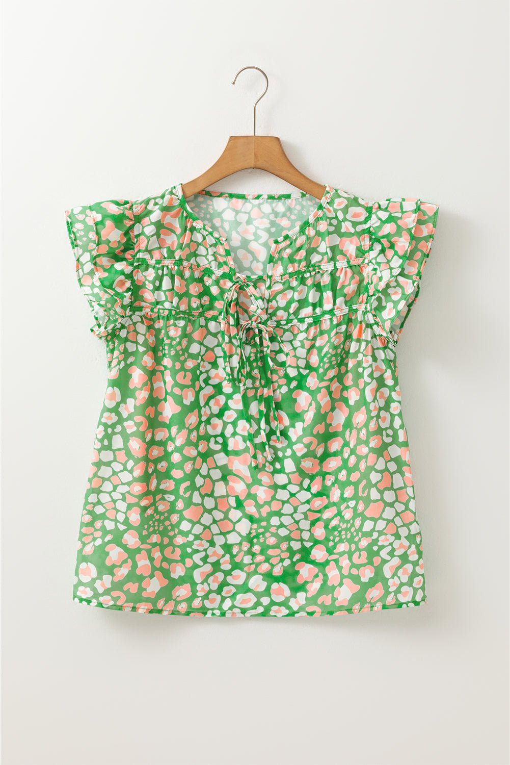 Abstract Leopard Tie Front Flutter Sleeve Blouse - Rooted & Reckless Co.