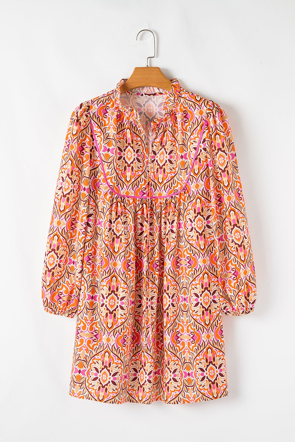 Abstract Long Sleeve Tied Neck Mini Dress - Rooted & Reckless Co.