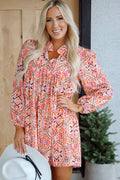 Abstract Long Sleeve Tied Neck Mini Dress - Rooted & Reckless Co.