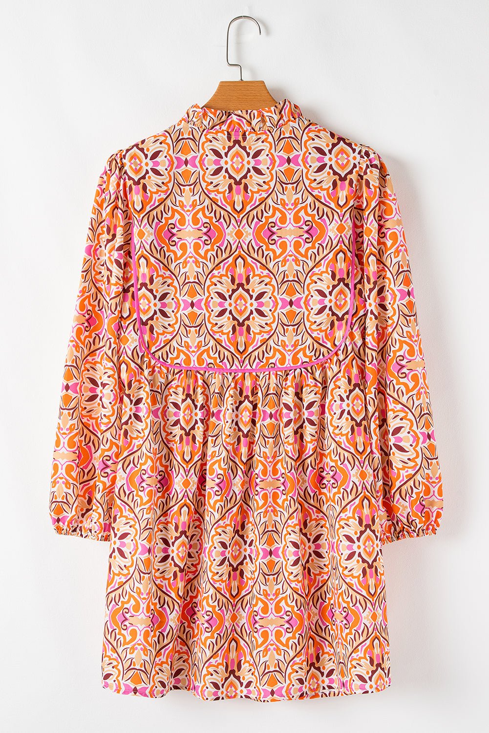 Abstract Long Sleeve Tied Neck Mini Dress - Rooted & Reckless Co.