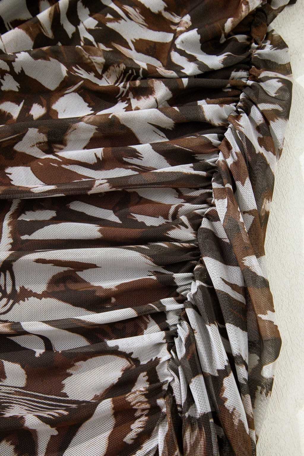 Abstract Mesh Cowl Neck Ruched Slit Midi Dress - Rooted & Reckless Co.