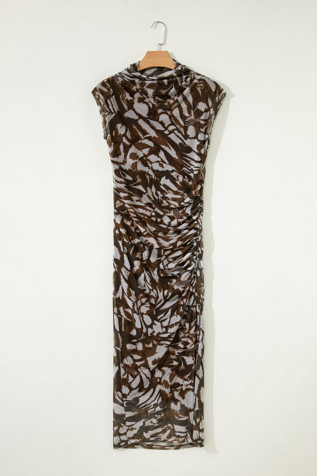 Abstract Mesh Cowl Neck Ruched Slit Midi Dress - Rooted & Reckless Co.