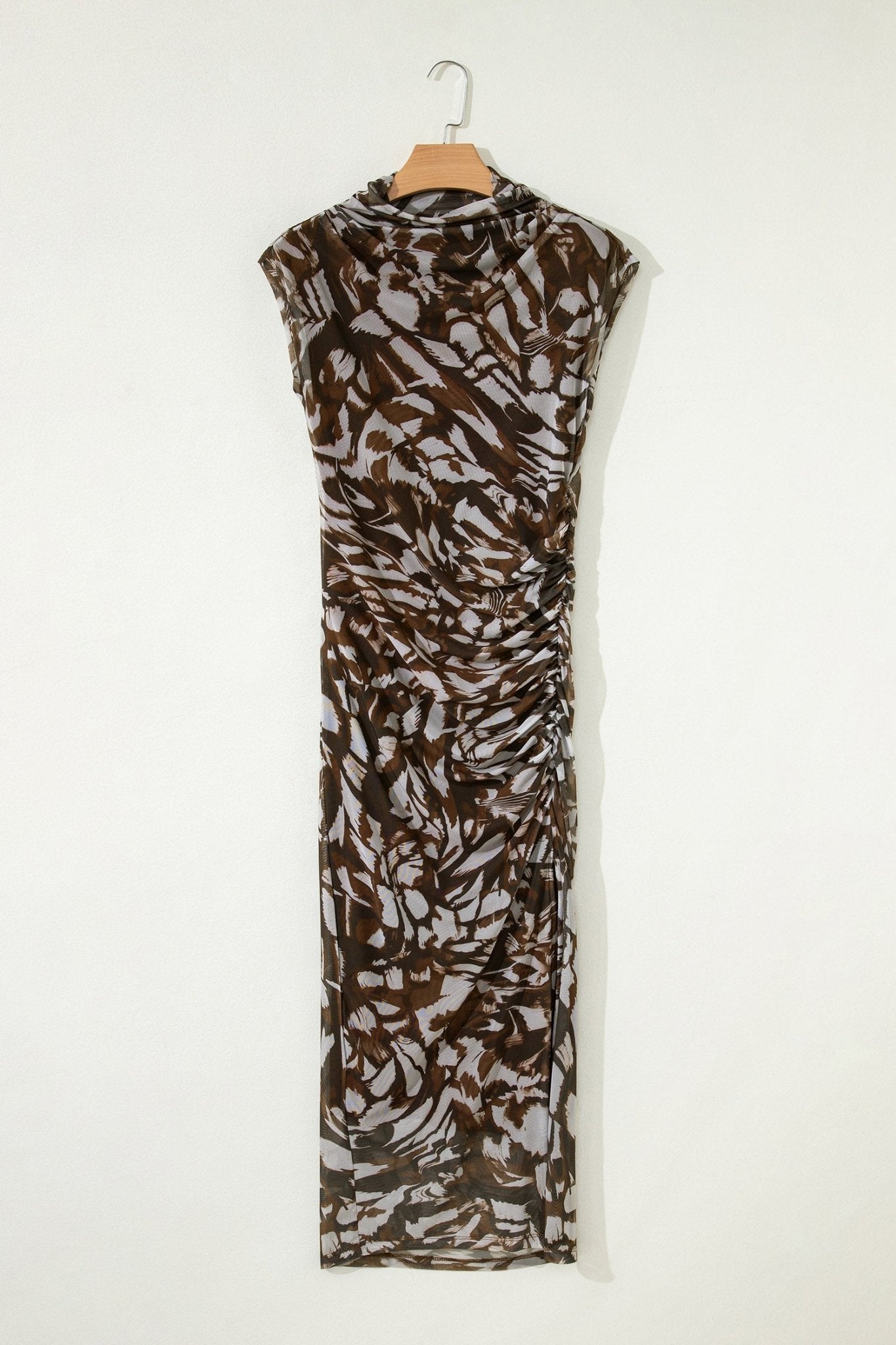 Abstract Mesh Cowl Neck Ruched Slit Midi Dress - Rooted & Reckless Co.