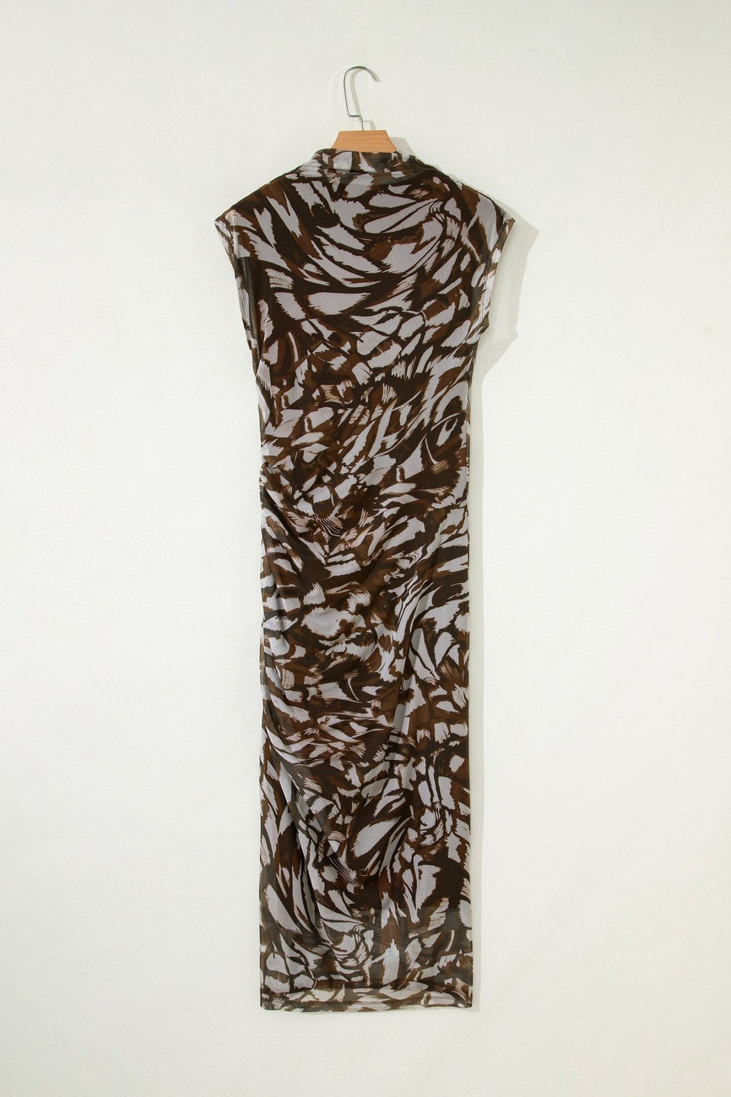 Abstract Mesh Cowl Neck Ruched Slit Midi Dress - Rooted & Reckless Co.