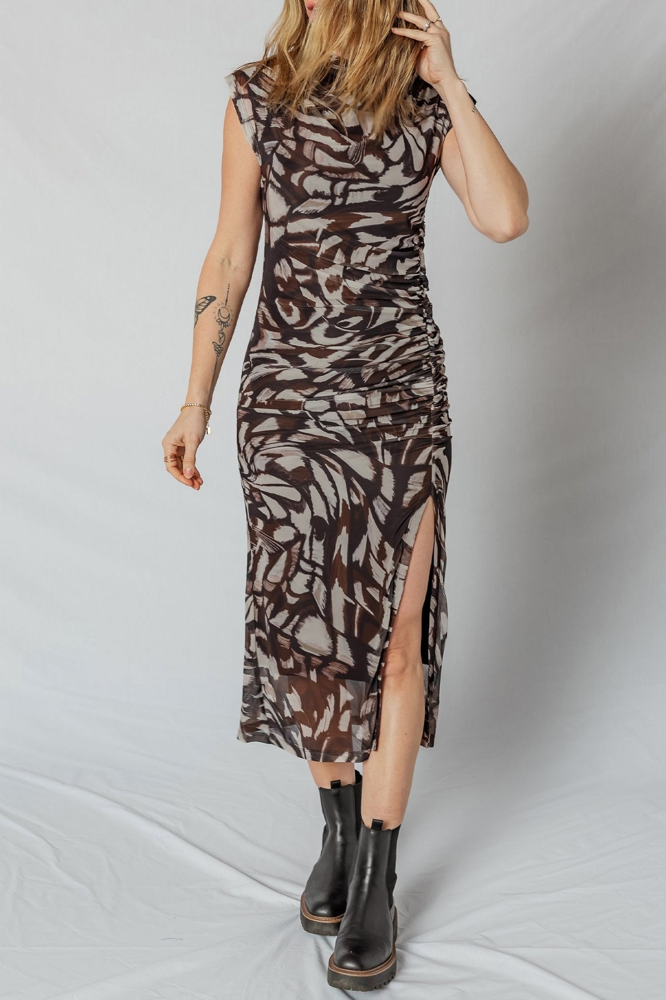 Abstract Mesh Cowl Neck Ruched Slit Midi Dress - Rooted & Reckless Co.