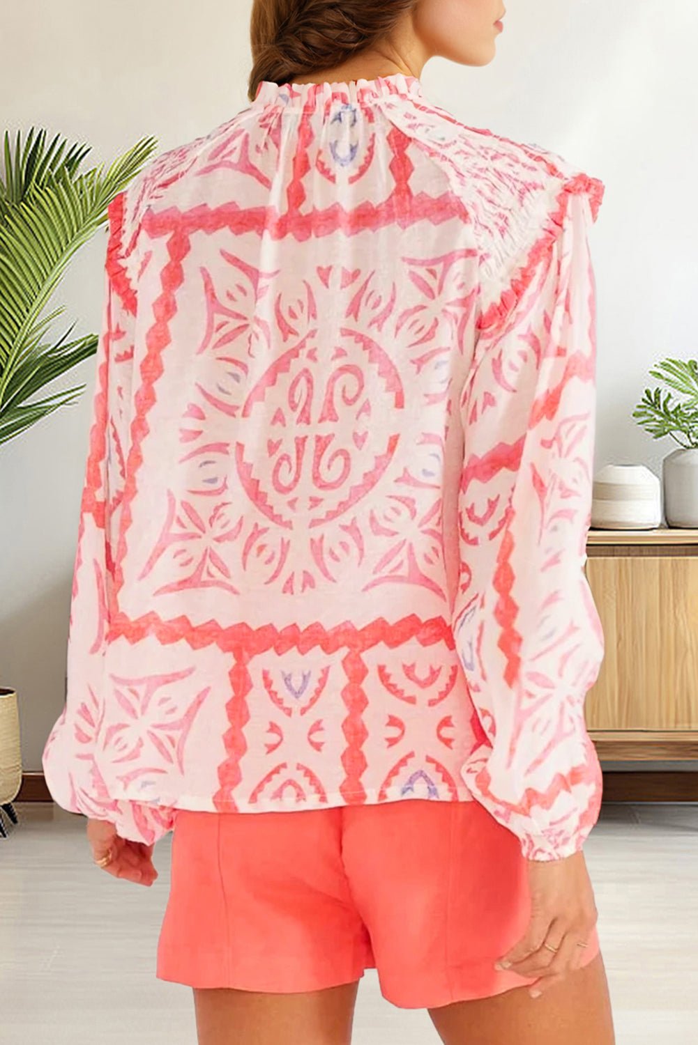 Abstract Poet Collar Smocked Long Sleeve Blouse - Rooted & Reckless Co.