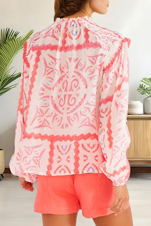 Abstract Poet Collar Smocked Long Sleeve Blouse - Rooted & Reckless Co.