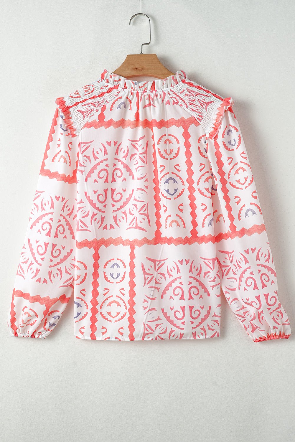 Abstract Poet Collar Smocked Long Sleeve Blouse - Rooted & Reckless Co.