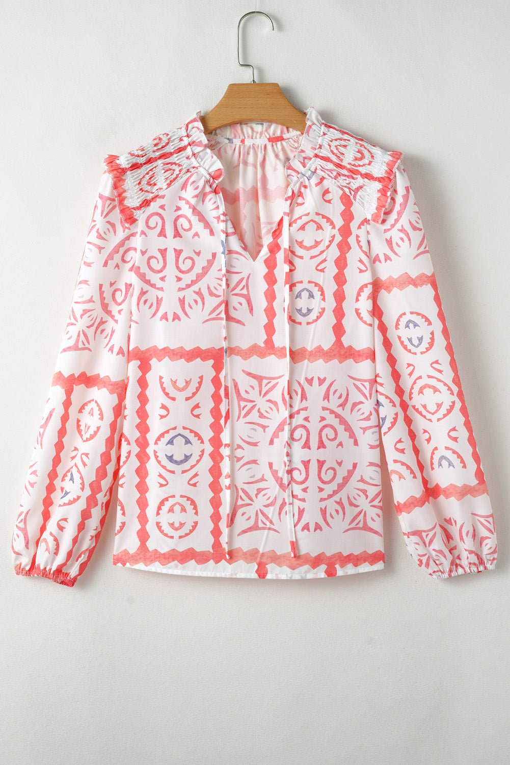 Abstract Poet Collar Smocked Long Sleeve Blouse - Rooted & Reckless Co.
