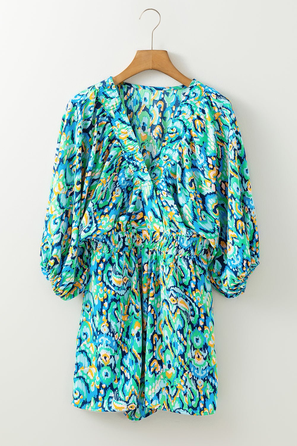 Abstract Puff Sleeve V-Neck High Waist Romper - Rooted & Reckless Co.