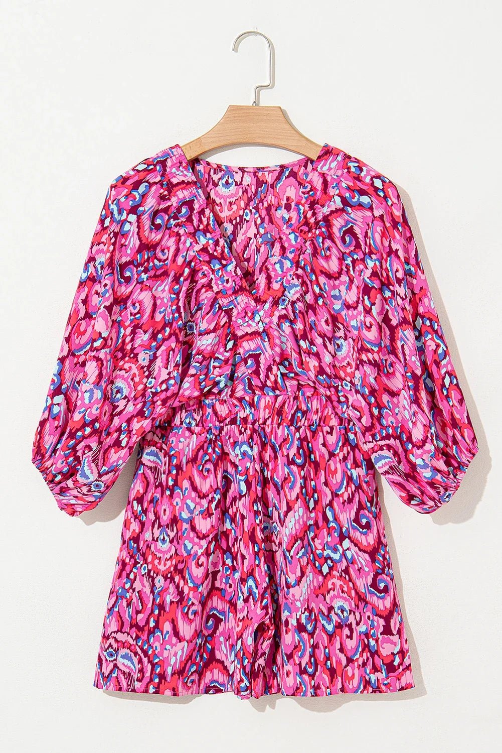 Abstract Puff Sleeve V-Neck High Waist Romper - Rooted & Reckless Co.