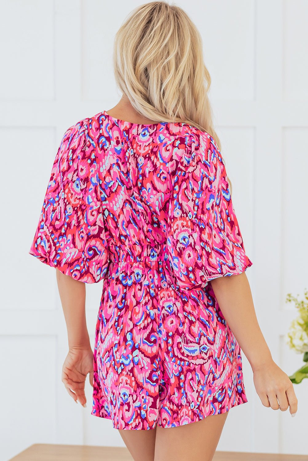 Abstract Puff Sleeve V-Neck High Waist Romper - Rooted & Reckless Co.