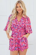 Abstract Puff Sleeve V-Neck High Waist Romper - Rooted & Reckless Co.