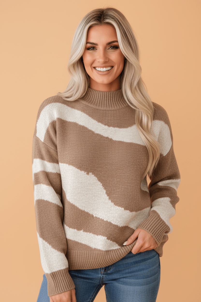 Abstract Ribbed Trim Mock Neck Sweater - Rooted & Reckless Co.