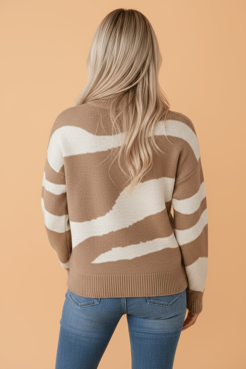 Abstract Ribbed Trim Mock Neck Sweater - Rooted & Reckless Co.