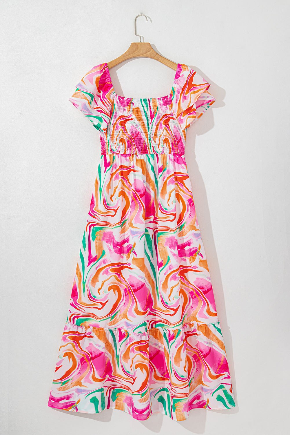 Abstract Ruffle Sleeve Smocked Maxi Dress - Rooted & Reckless Co.