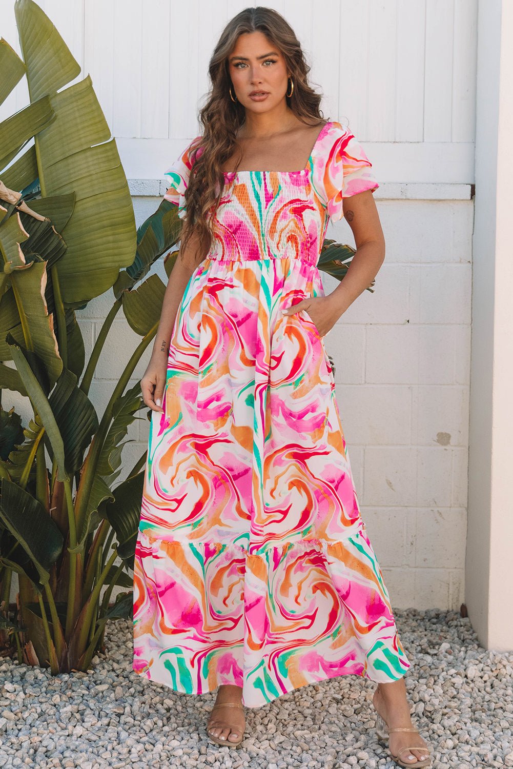 Abstract Ruffle Sleeve Smocked Maxi Dress - Rooted & Reckless Co.