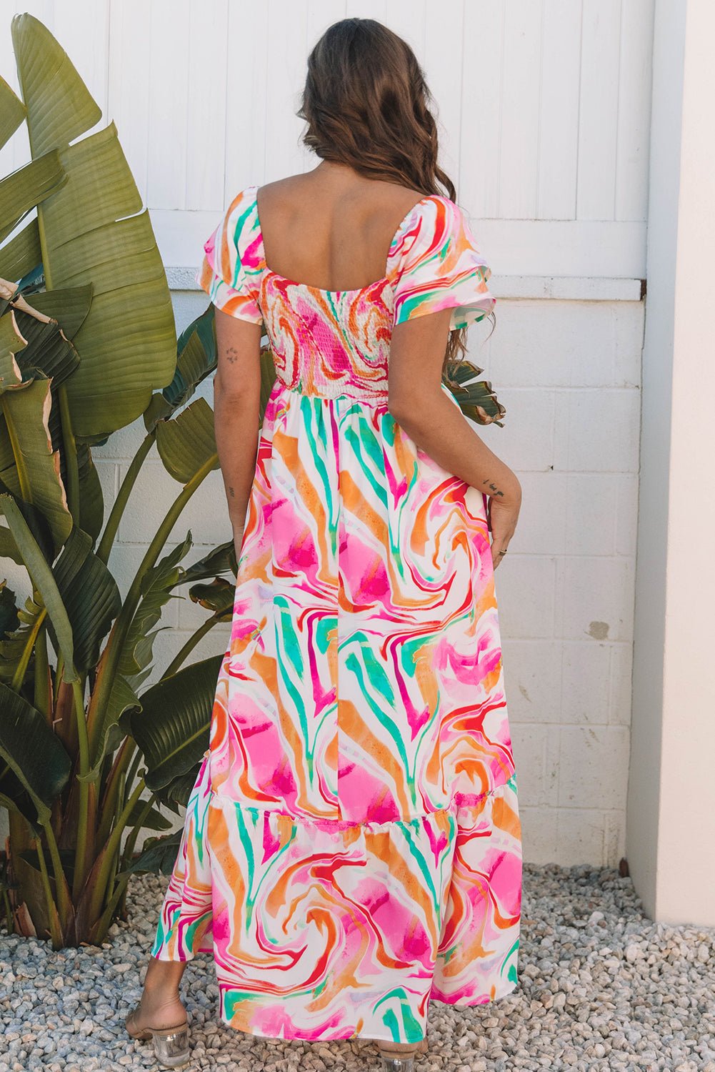 Abstract Ruffle Sleeve Smocked Maxi Dress - Rooted & Reckless Co.