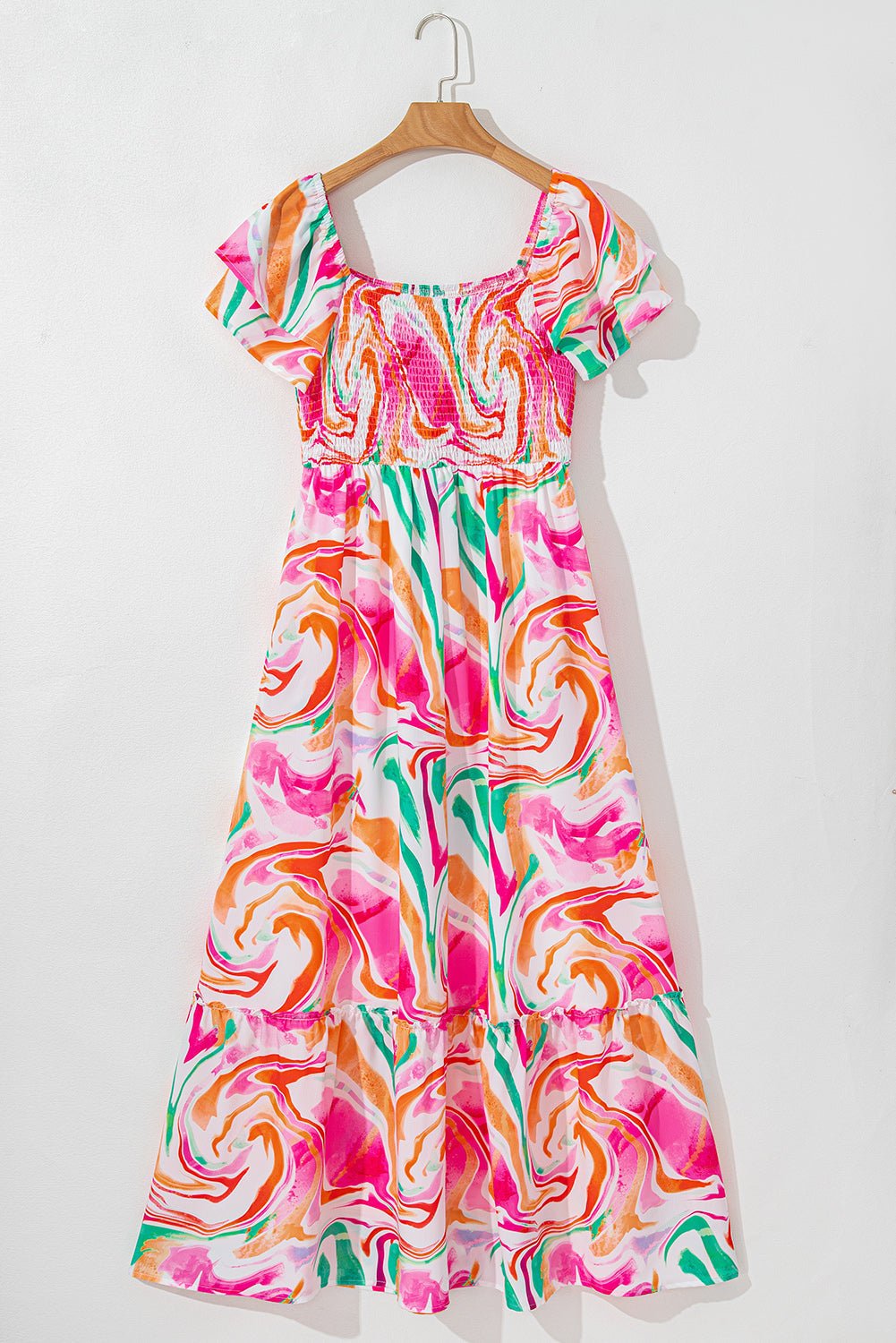 Abstract Ruffle Sleeve Smocked Maxi Dress - Rooted & Reckless Co.