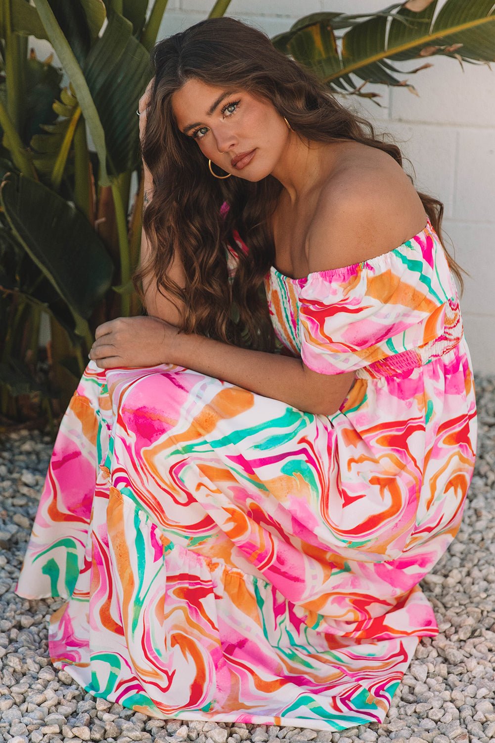Abstract Ruffle Sleeve Smocked Maxi Dress - Rooted & Reckless Co.