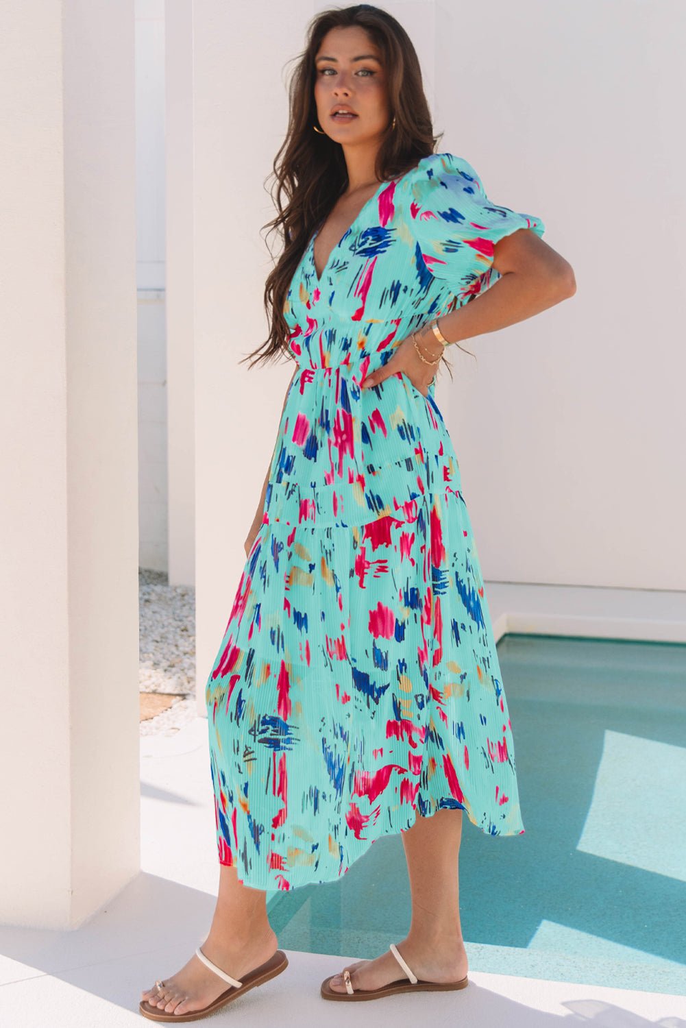 Abstract Short Puff Sleeve Tiered Maxi Dress - Rooted & Reckless Co.