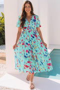Abstract Short Puff Sleeve Tiered Maxi Dress - Rooted & Reckless Co.