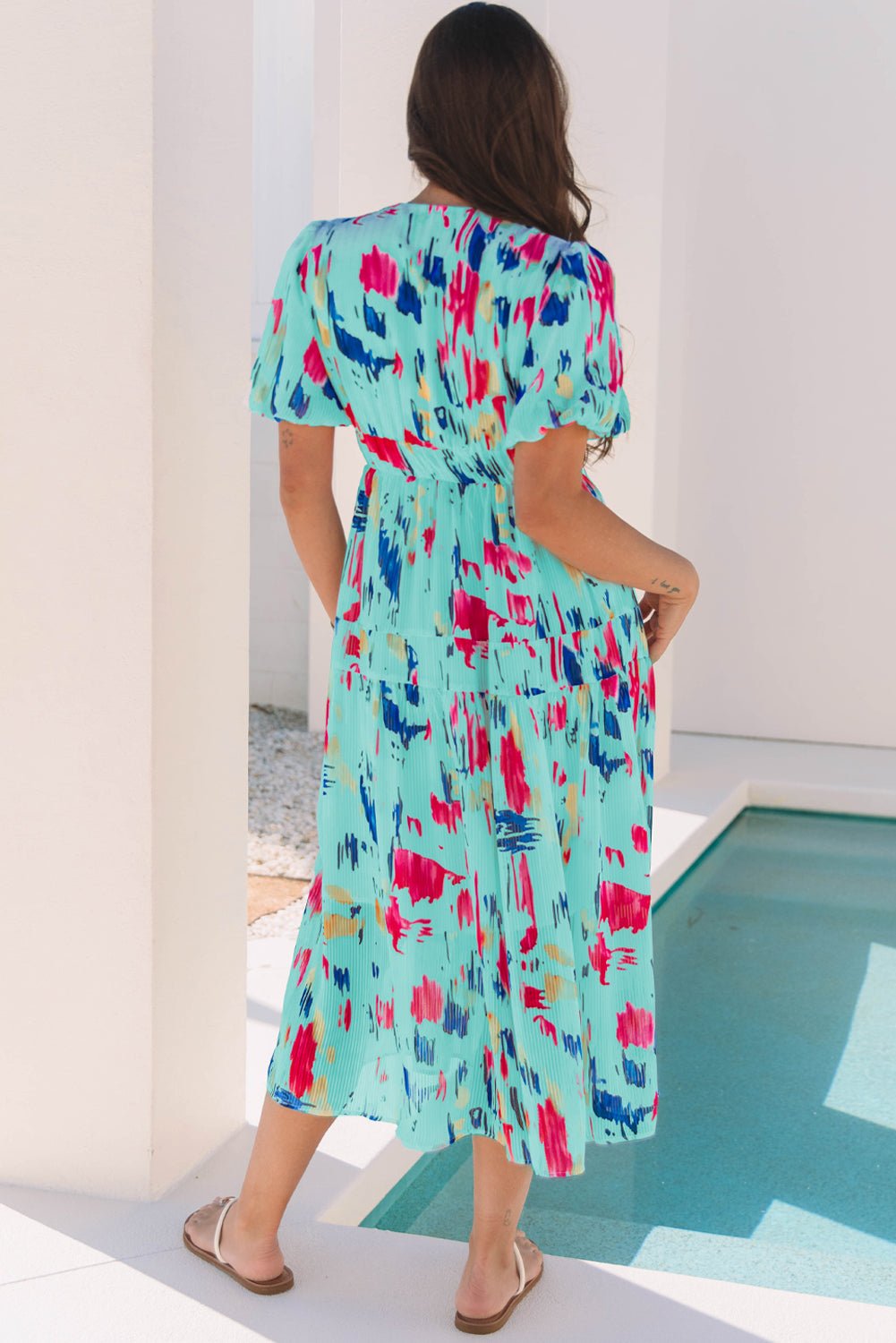Abstract Short Puff Sleeve Tiered Maxi Dress - Rooted & Reckless Co.