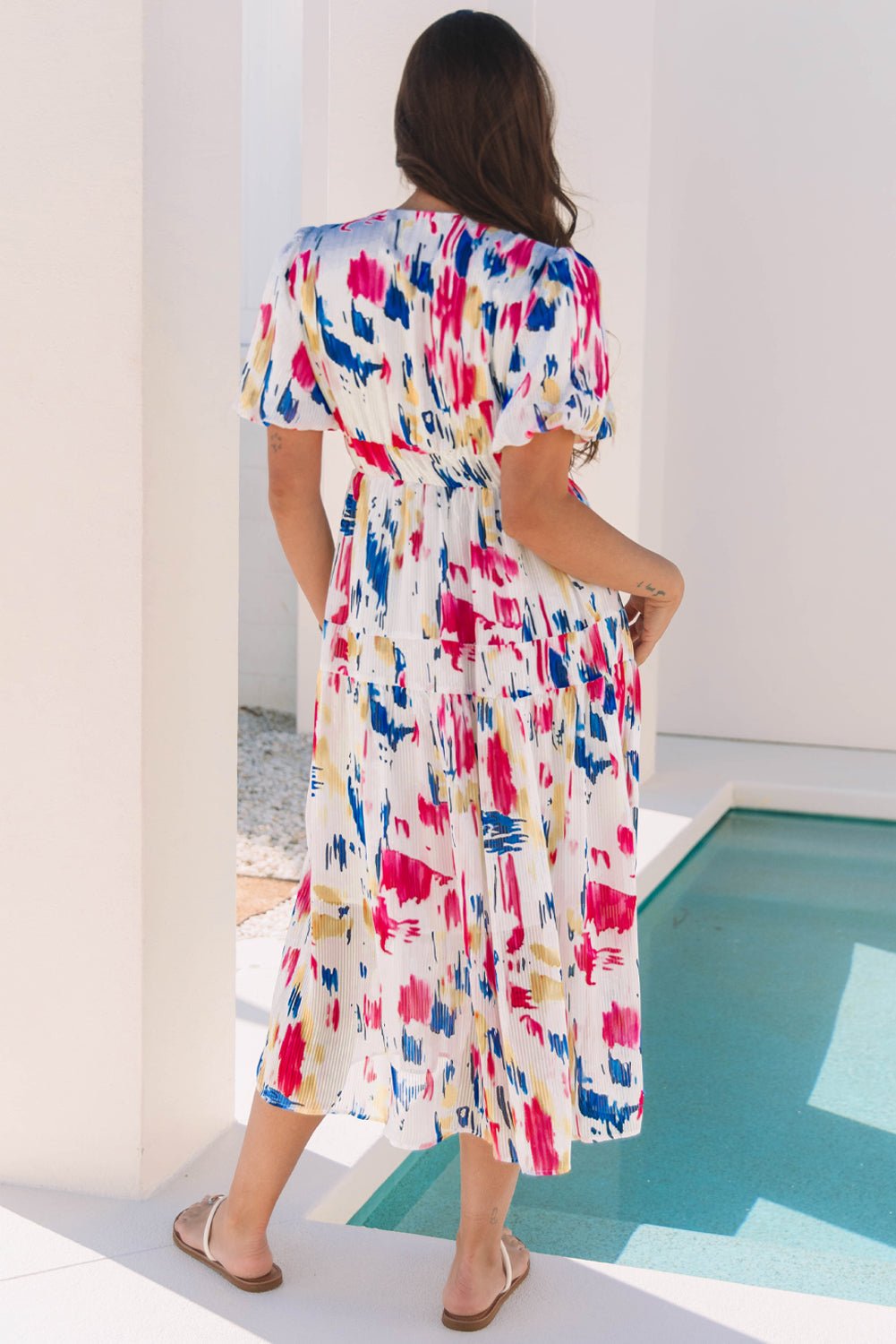Abstract Short Puff Sleeve Tiered Maxi Dress - Rooted & Reckless Co.