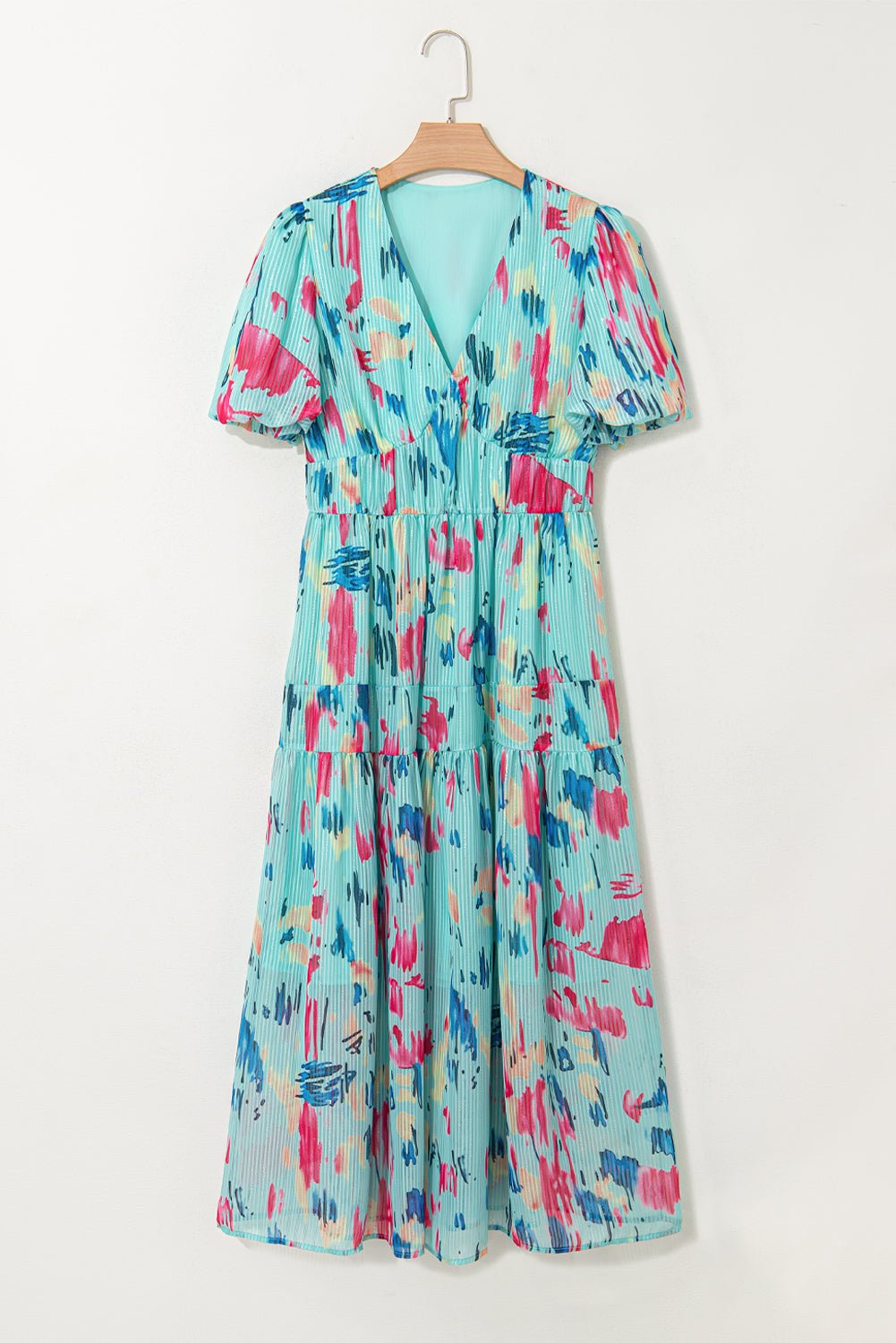 Abstract Short Puff Sleeve Tiered Maxi Dress - Rooted & Reckless Co.