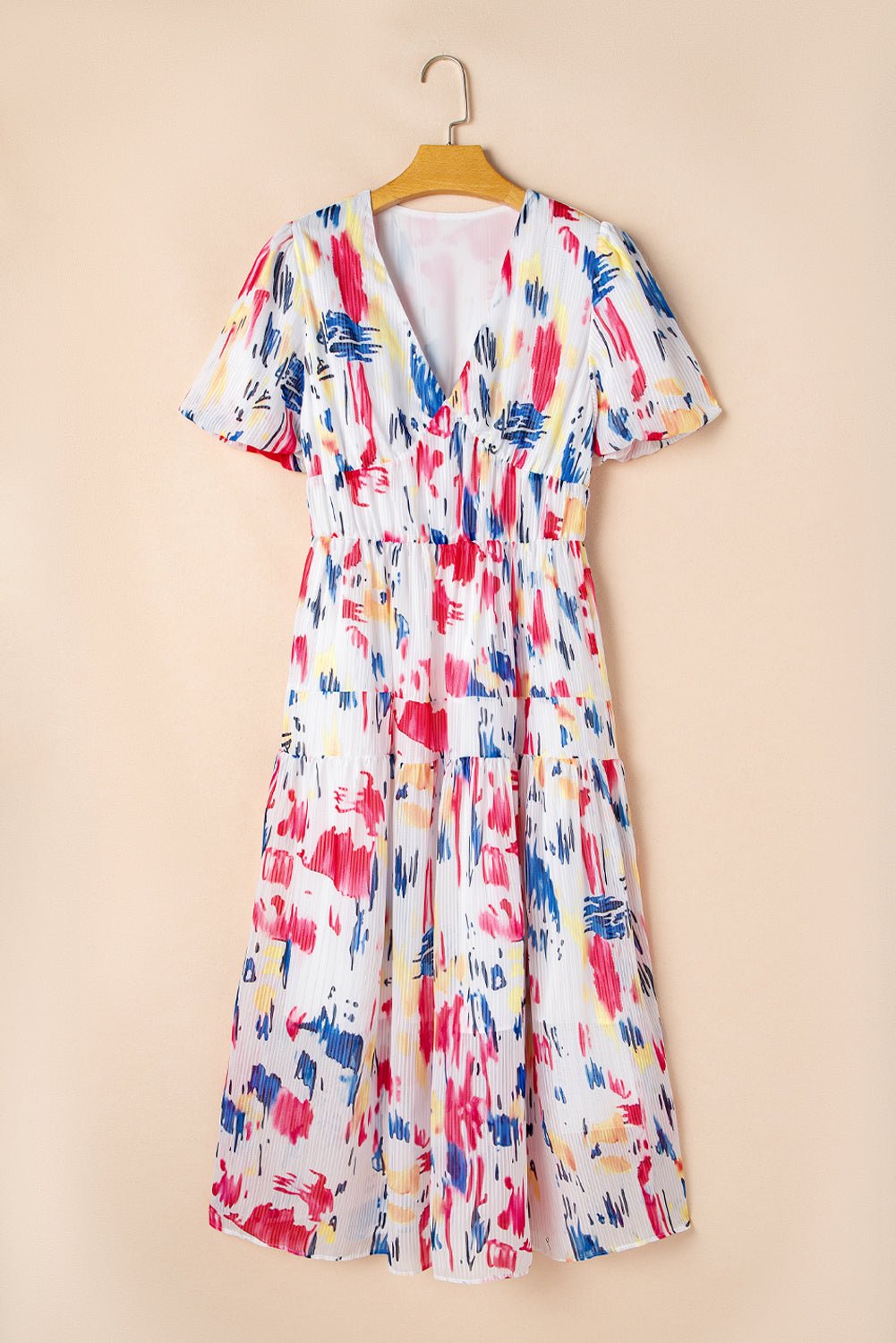 Abstract Short Puff Sleeve Tiered Maxi Dress - Rooted & Reckless Co.