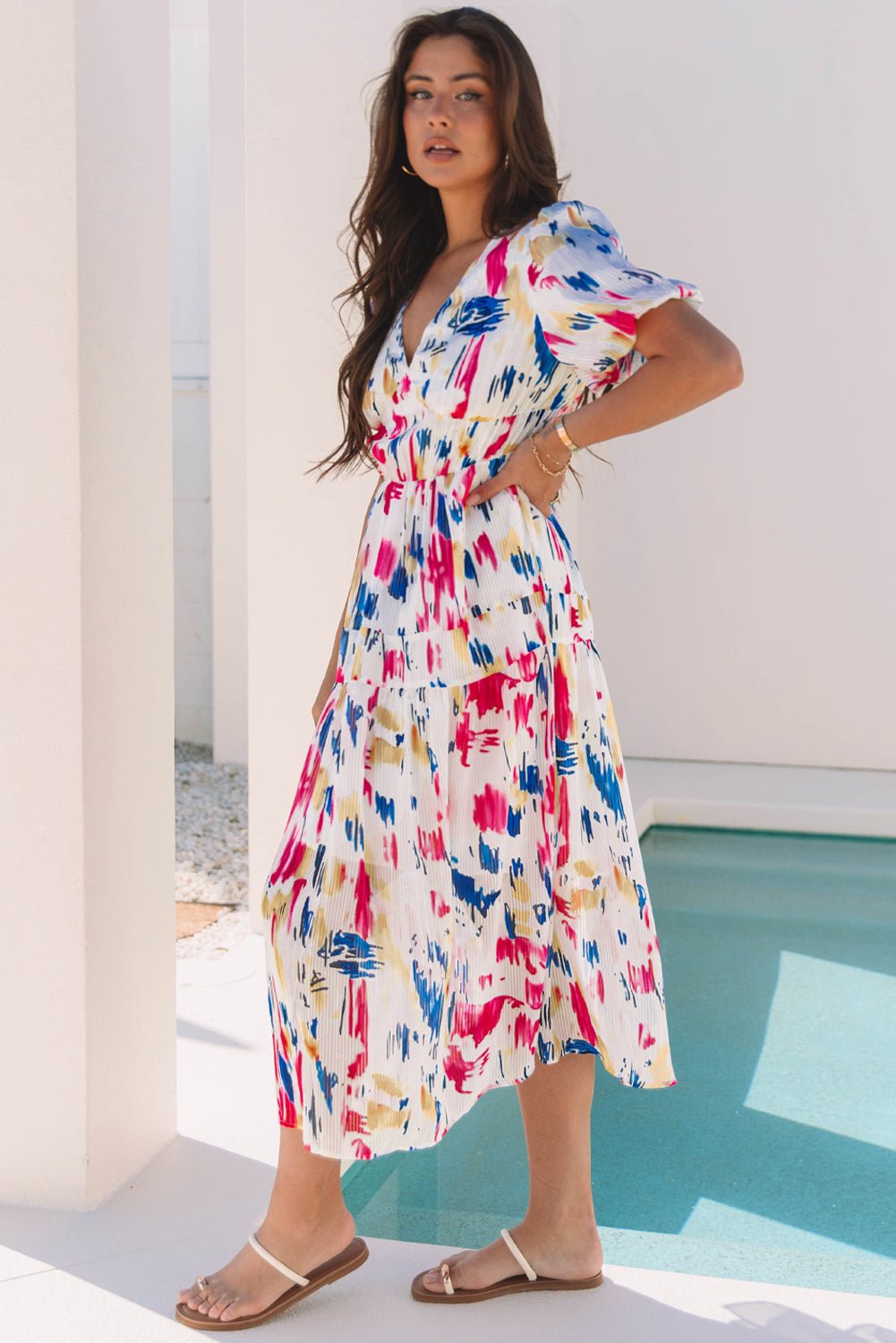 Abstract Short Puff Sleeve Tiered Maxi Dress - Rooted & Reckless Co.