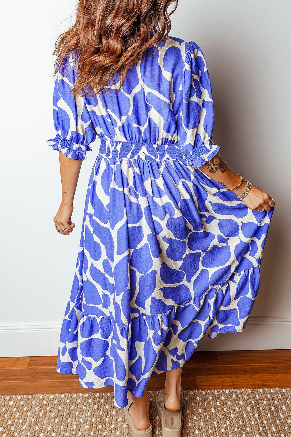 Abstract Smocked Waist Puff Sleeve Maxi Dress - Rooted & Reckless Co.