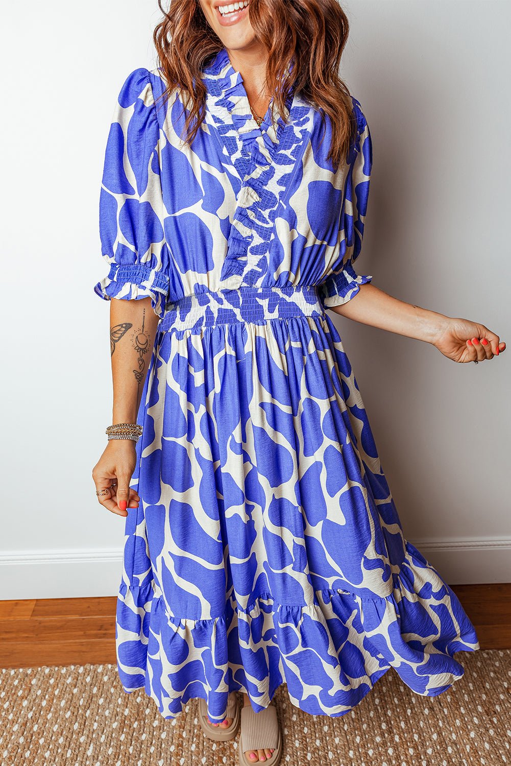 Abstract Smocked Waist Puff Sleeve Maxi Dress - Rooted & Reckless Co.