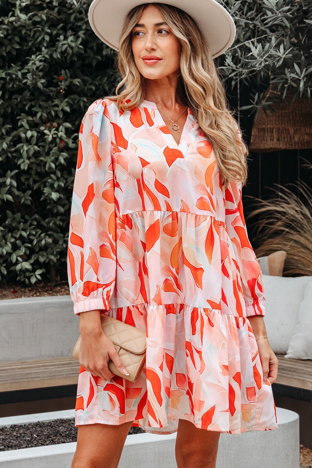 Abstract Split Neck Long Sleeve Dress - Rooted & Reckless Co.