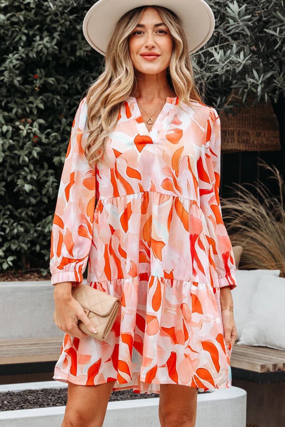 Abstract Split Neck Long Sleeve Dress - Rooted & Reckless Co.