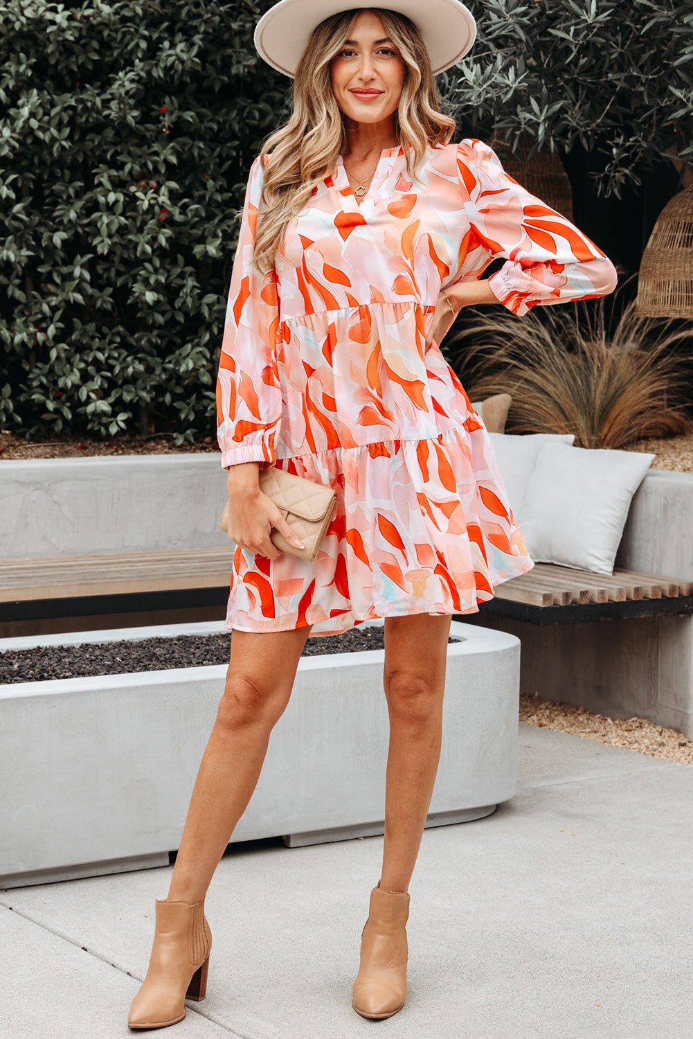 Abstract Split Neck Long Sleeve Dress - Rooted & Reckless Co.