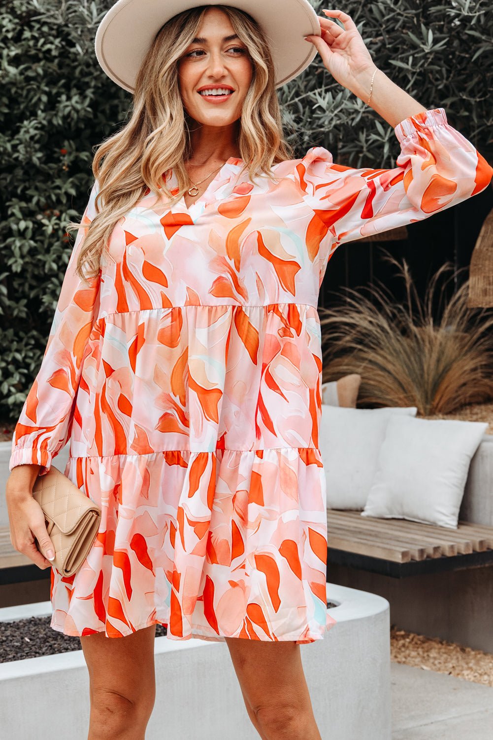 Abstract Split Neck Long Sleeve Dress - Rooted & Reckless Co.