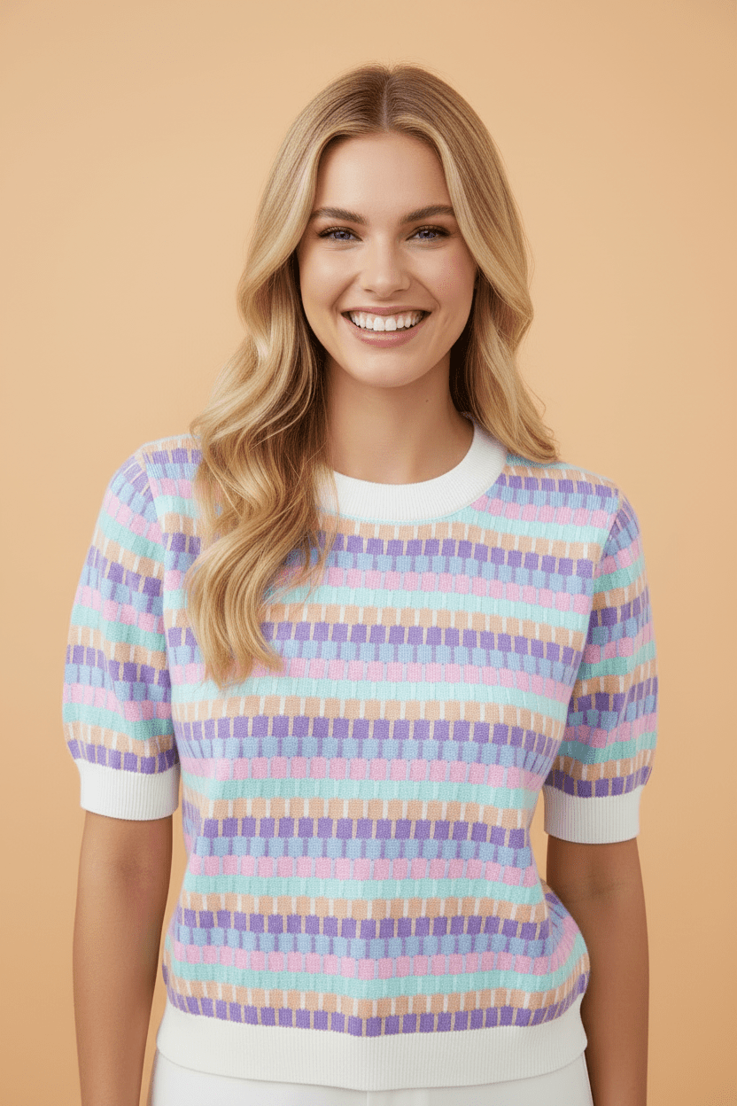 Abstract Stripe Short Sleeve Sweater Knit Top - Rooted & Reckless Co.