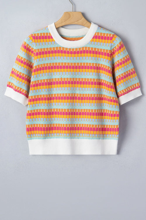 Abstract Stripe Short Sleeve Sweater Knit Top - Rooted & Reckless Co.